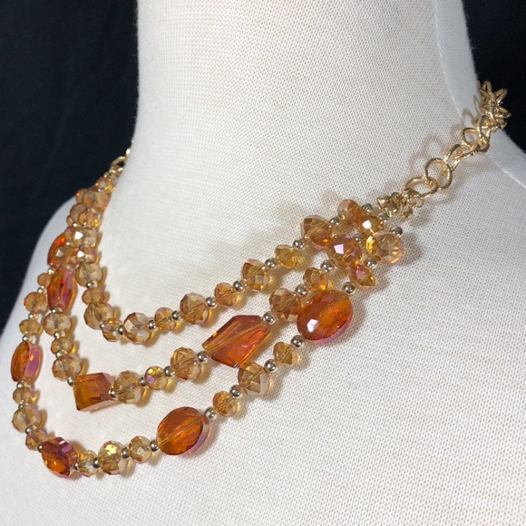 3 Row Orange Glass Beaded Necklace Earrings Set - Picture 2 of 3